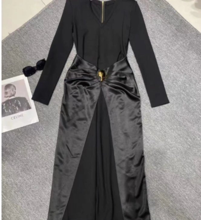 盛雅姿早秋气质名媛高端女神范高级感拼接连衣裙(裙长138)10019