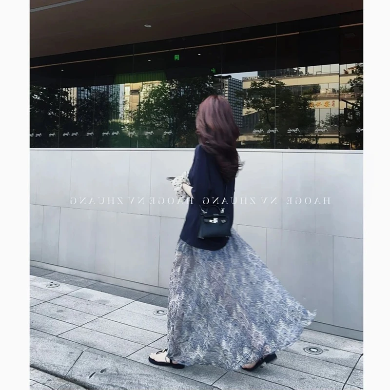 设计感小众透纱青花瓷半身裙女夏季中长款松紧腰显瘦大摆a字裙女