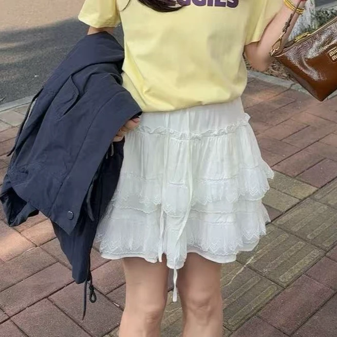 抽绳松紧蕾丝蛋糕短裙