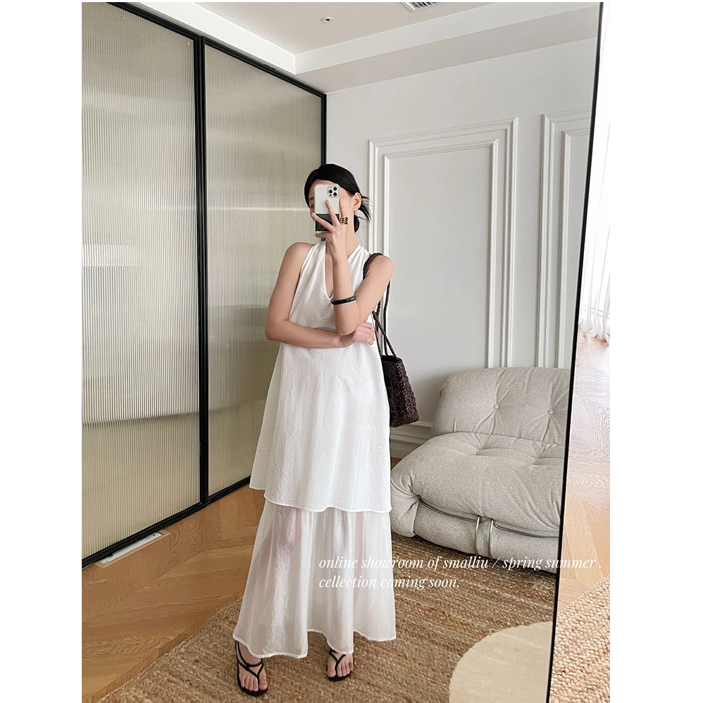 SMALLIU 仙气简约挂脖拼接连衣裙