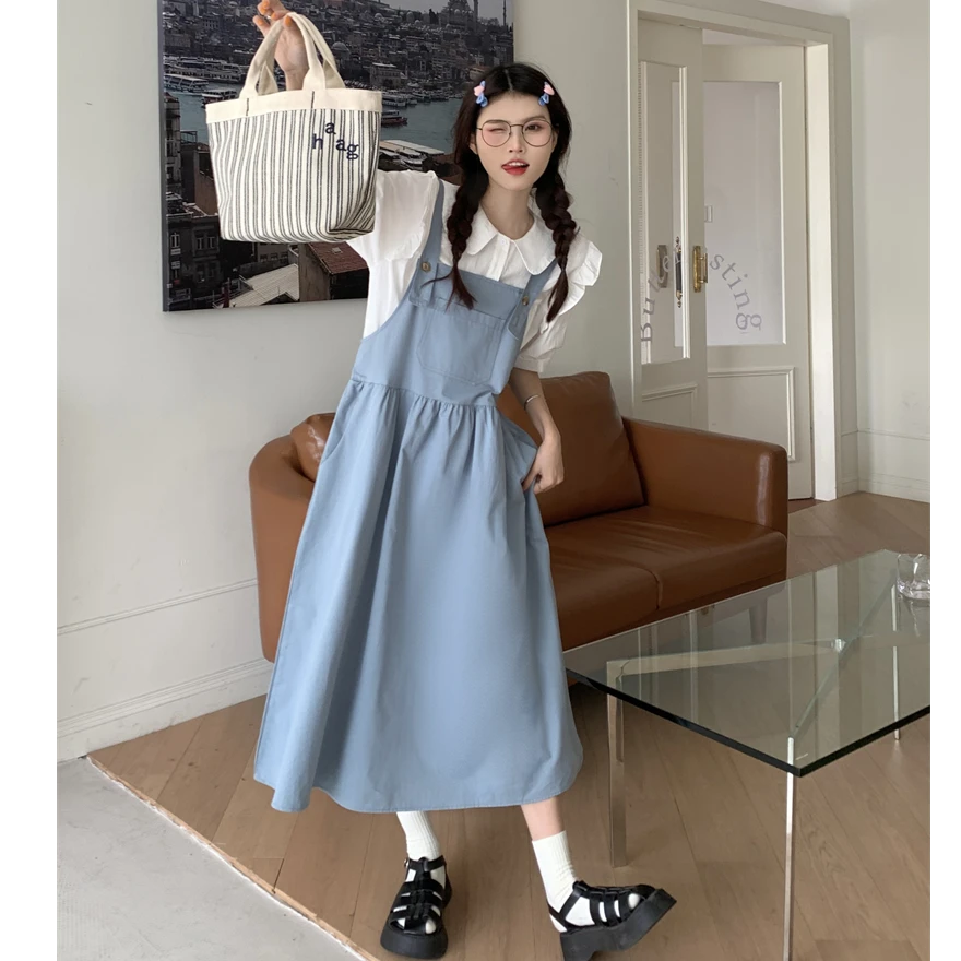 大码女装微胖春夏百搭娃娃领小飞袖短袖衬衫日系背吊带裙气质套装