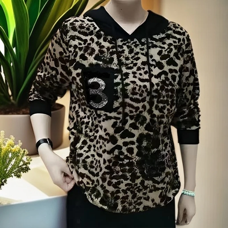 秋季新款连帽拼色烫钻打底衫中年妈妈宽松显瘦上衣T桖