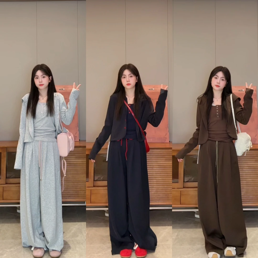 韩版软糯休闲百搭开衫纽扣吊带背心高腰抽绳宽松直筒阔腿裤三件套
