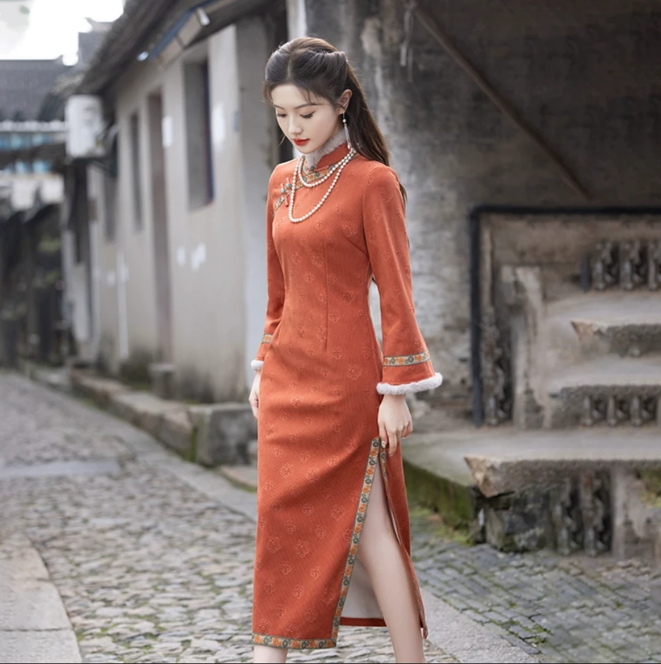 【黄橙】新中式中长款加厚旗袍加绒冬款厚款日常复古超级好看冬季