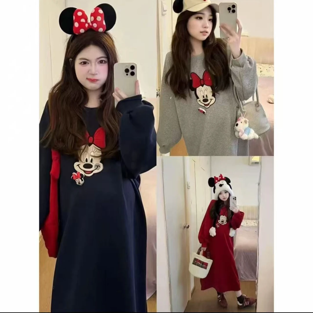 【FAFA】大码女装加绒韩系米奇慵懒宽松印图圆领卫衣加厚冬季连衣裙