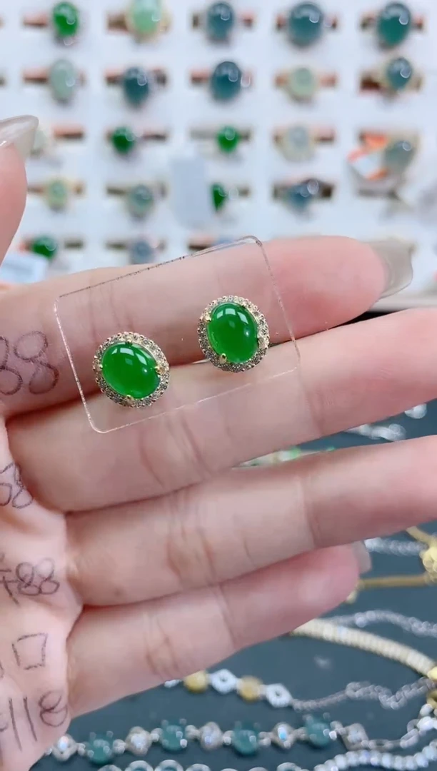 银S925镶嵌翡翠耳饰天然翡翠