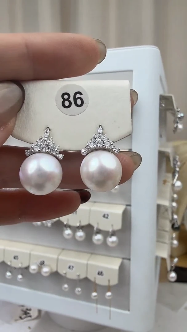 银S925镶嵌耳饰淡水珍珠12-13mm耳钉