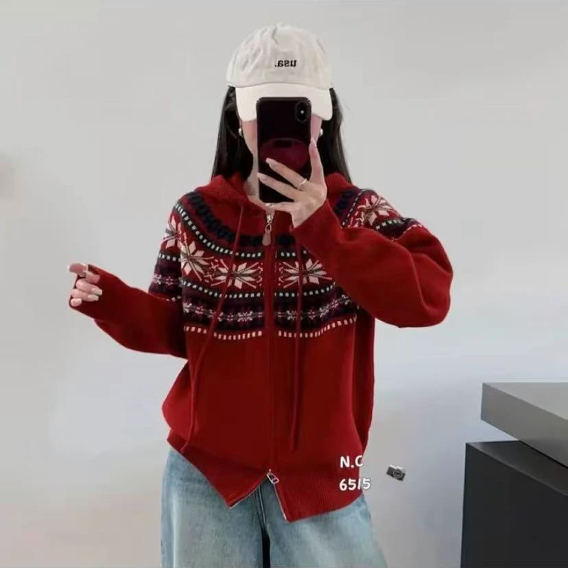 费尔岛【枫叶提花拉链帽衫-红色】超柔软舒适亲肤针织衫