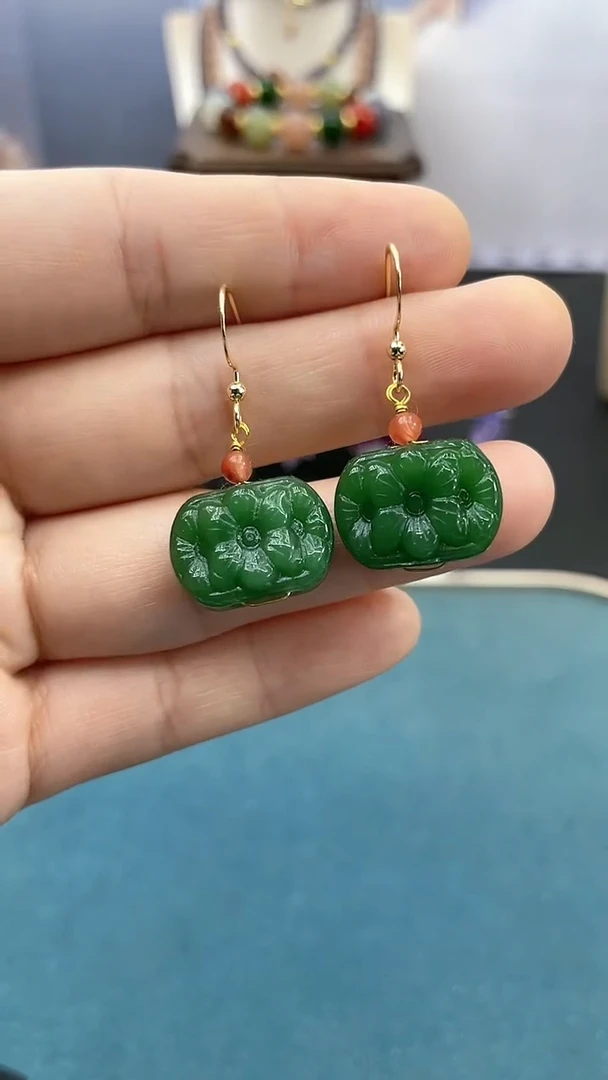 东陵石14K金镶嵌耳饰双面花耳钩