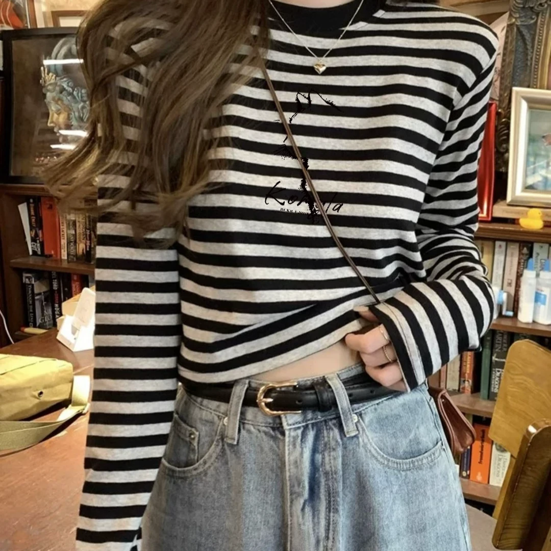 复古休闲条纹长袖t恤女早秋新款女装2024宽松慵懒风学生打底上衣