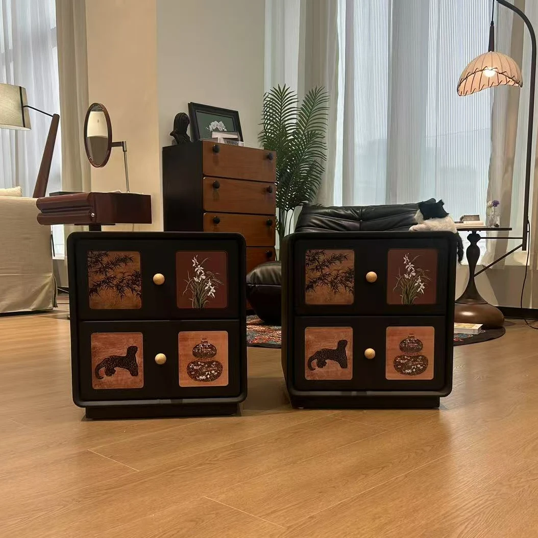 全实木床头柜中古风轻奢高级感小型家用卧室创意黑色收纳柜原木风