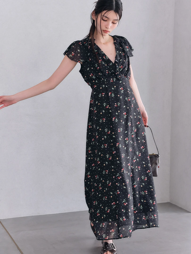 【FaFa】日系 LB 荷叶边 小飞袖 露背印花连衣裙FA507-015