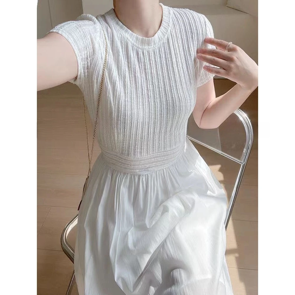 法式温柔风短袖连衣裙2025夏季新款女设计感褶皱拼接气质收腰长裙