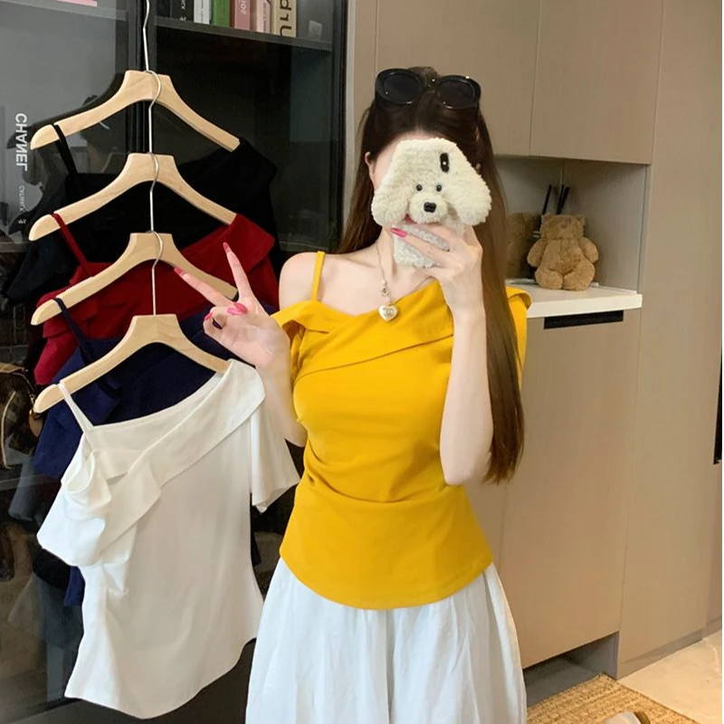 大码女装胖mm夏新款2025时尚百搭斜领吊带短袖T恤显瘦修身上衣女