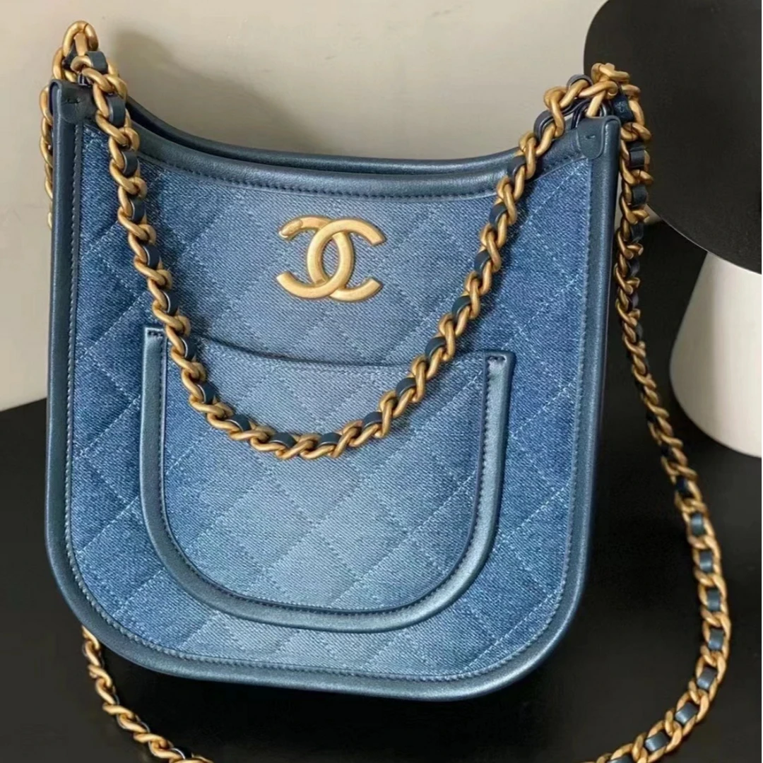 99新 Chanel/香奈儿 小花Jerry24S Hobo 嬉皮包 竖版 牛仔蓝