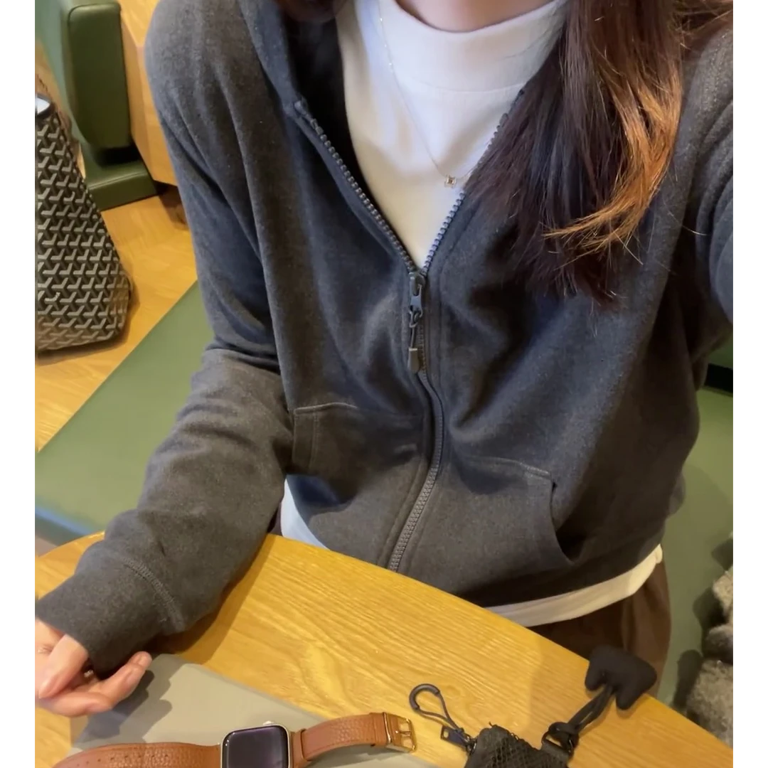 连帽卫衣外套女春秋新款韩版显瘦长袖简约小众设计感棉质减龄上衣