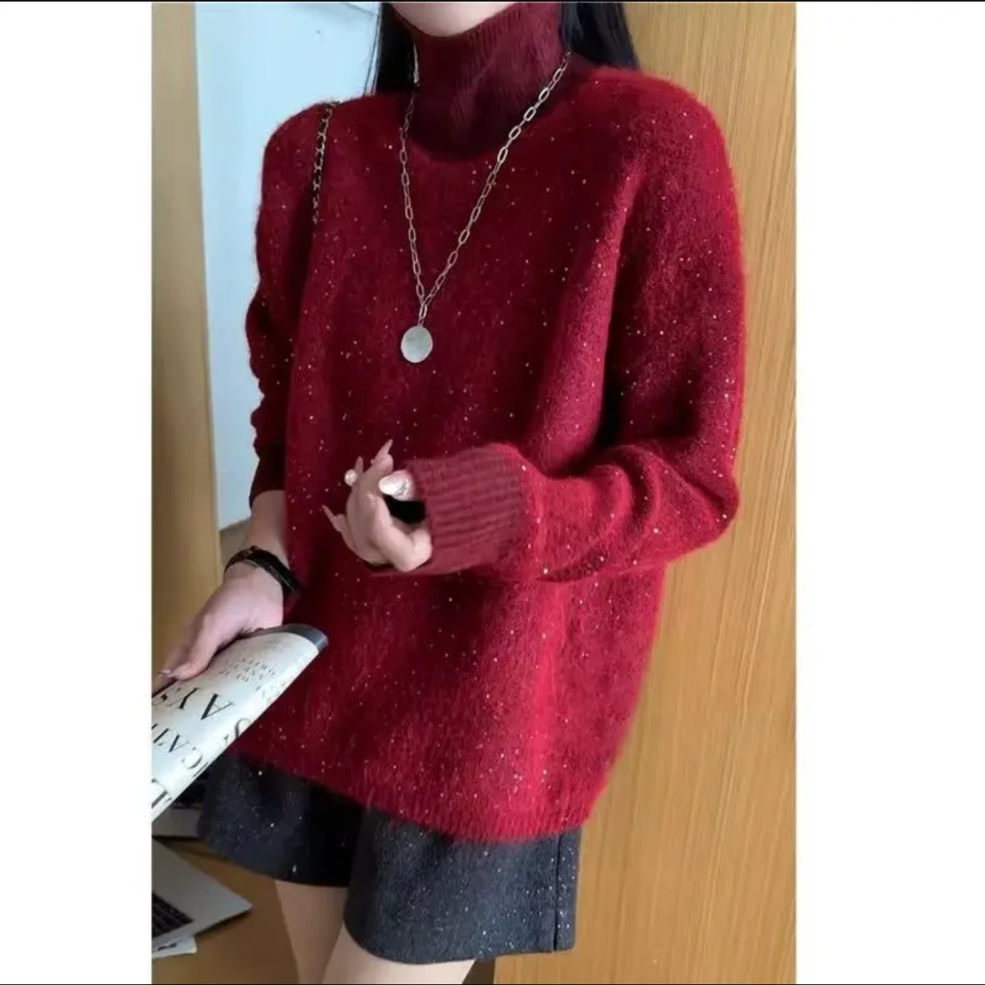 【高领亮片】新款韩系设计感提花针织套头毛衣