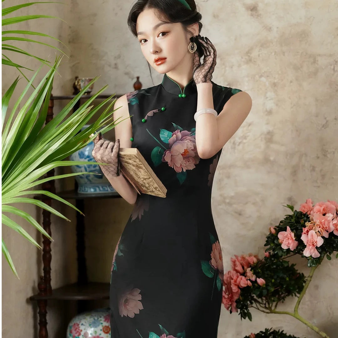 HH黑色改良高贵旗袍2024新款夏季气质年轻款新中式复古民国风旗袍