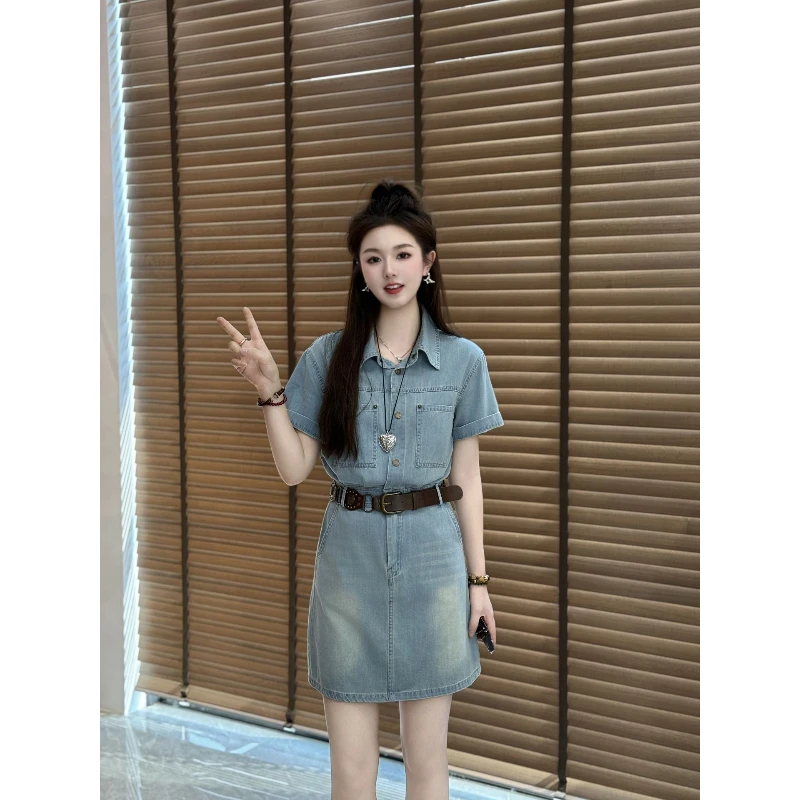 宿慕夏季短袖牛仔连衣裙新韩版气质翻领连衣裙A59024时尚小雨女装