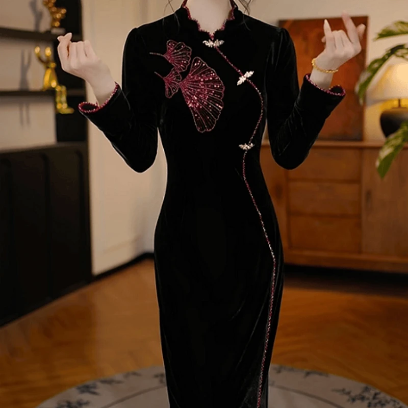 B151【连衣裙】2025秋季新款时尚高端轻奢女人味收腰新中式连衣裙