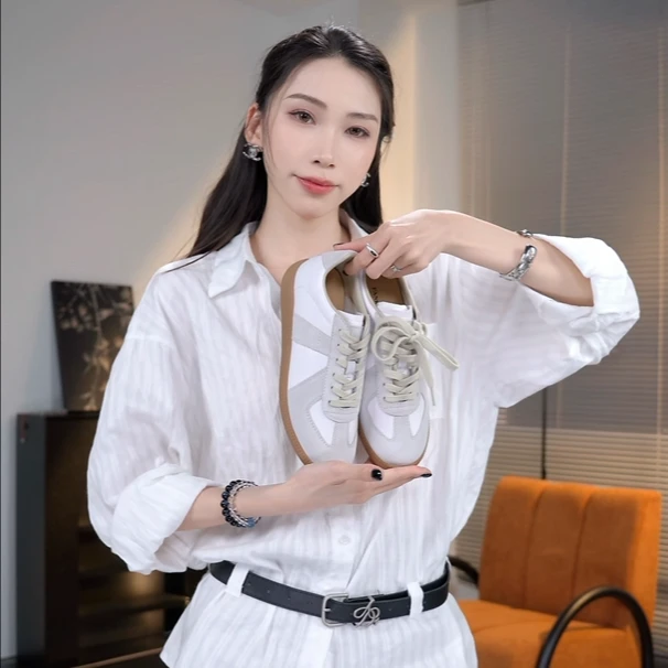 《广州工厂》手工真皮经典白色百搭舒适平底德训鞋阿甘鞋休闲运动鞋