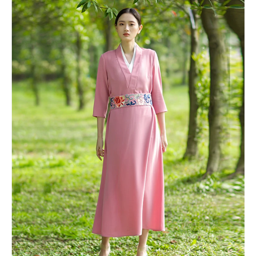 浒城古娘交领京绣春夏新中式欧若风女长款小v领连衣裙9A191317