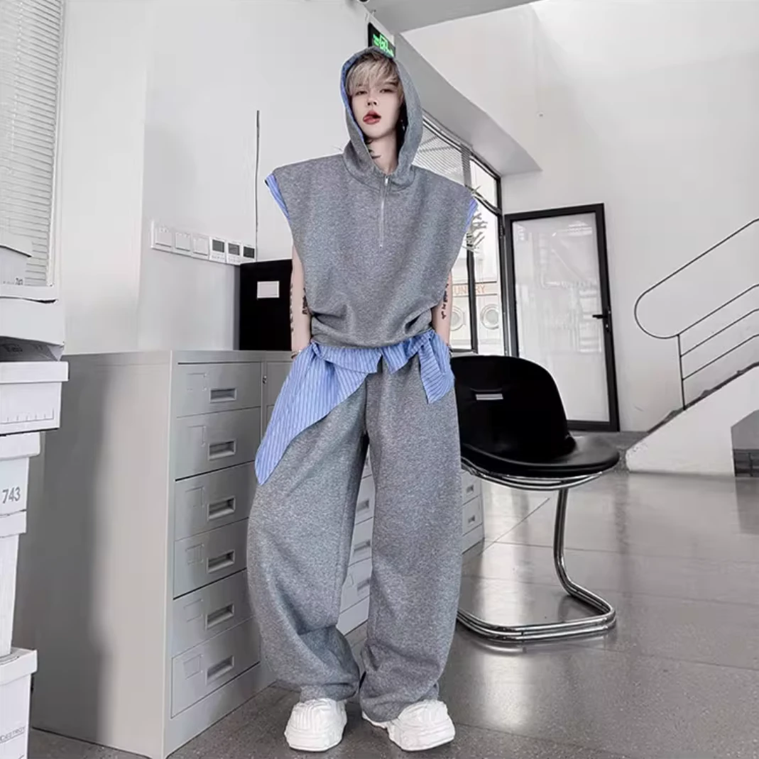 夏季小众条纹撞色拼接连帽马甲套装男一套搭配痞帅阔腿长裤两件套