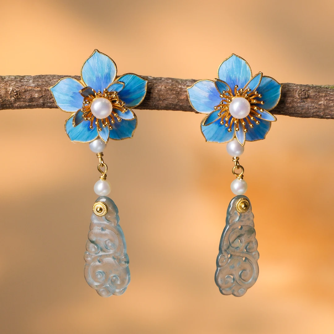 非金属羽毛耳饰 非遗点翠桃花耳饰原创设计手作耳环BA115005001