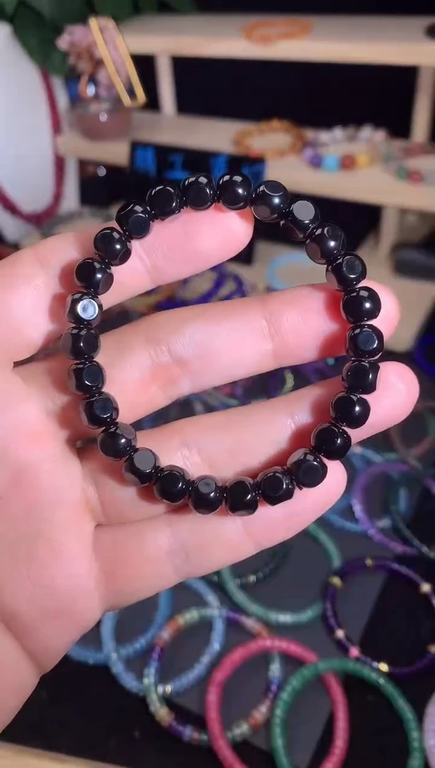 玛瑙/玉髓手串未镶嵌黑玛瑙六方形直切手串7mm