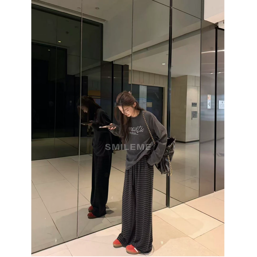 SMILEME【灰调】秋季新款时尚百搭条纹保暖休闲直筒长裤MC07125410