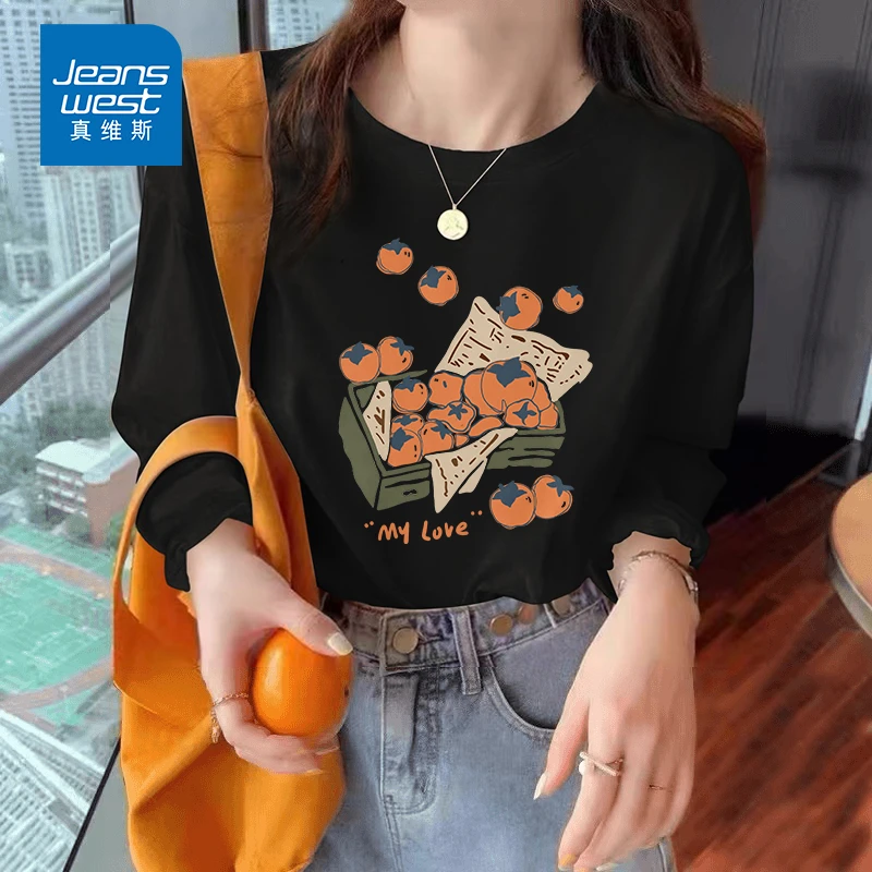 真维斯柿子印花T恤女生秋天爆款宽松长袖2025新款时尚纯棉上衣