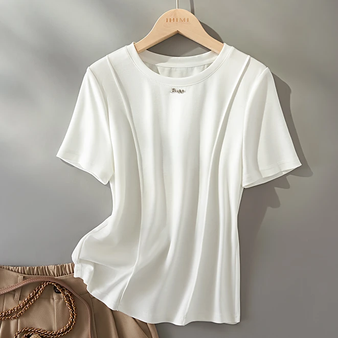 IHIMI/海谧【留白】25春新款女纯色圆领结构设计感显瘦短袖T恤上衣