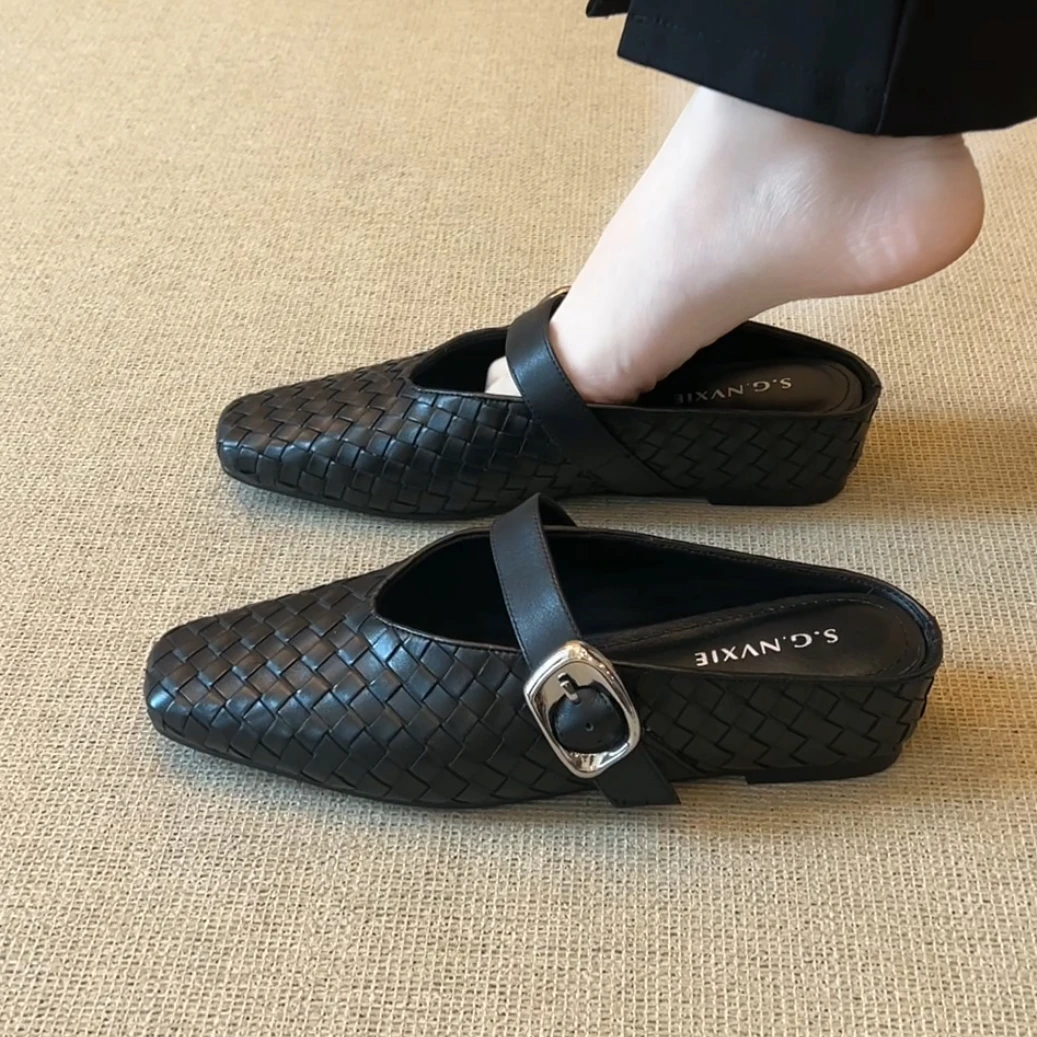 RubyL/4cm2025年夏季通勤舒适百搭休闲编织内增高平底包头拖鞋