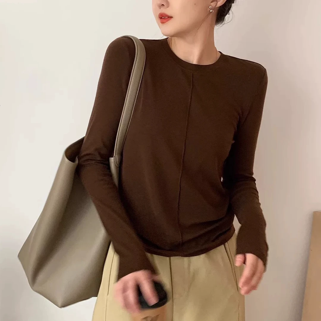 常规天丝羊毛长袖秋冬季女士百搭正肩显瘦中线圆领修身打底衫女