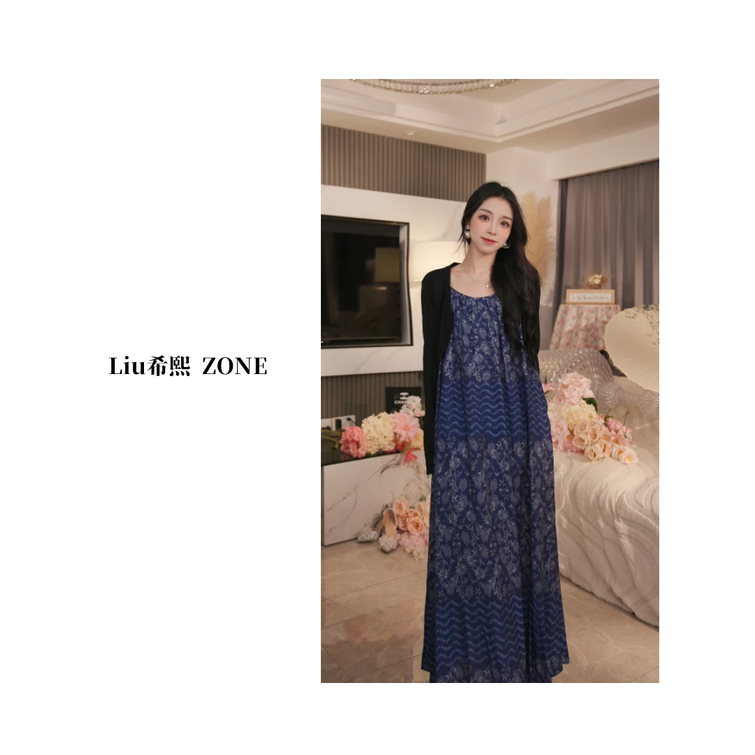 Liu希熙【青花瓷】设计师度假风复古印花碎花显瘦连衣裙夏季
