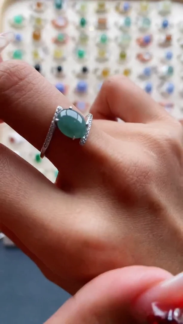 【闪购商品】翡翠戒指银S925镶嵌缅甸天然A货翡翠222 5+9