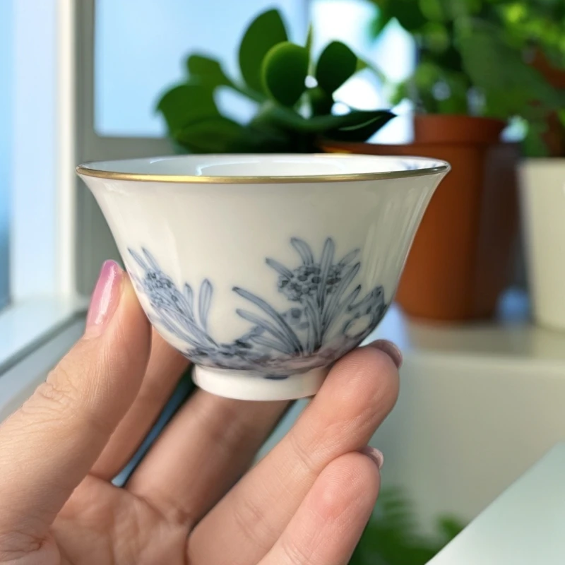 青花品茗杯水仙纯手绘主人杯容量65cc