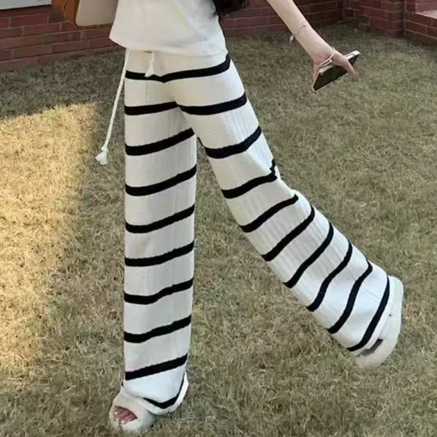 【RRSIFU蓉蓉专属】XS2302慵懒条纹针织微喇裤女镂空加长遛弯长裤