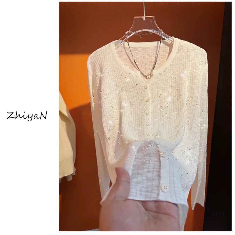 欧货重工烫钻防晒衫女圆领轻薄凉快开衫显瘦亚麻上衣夏季中长款闪
