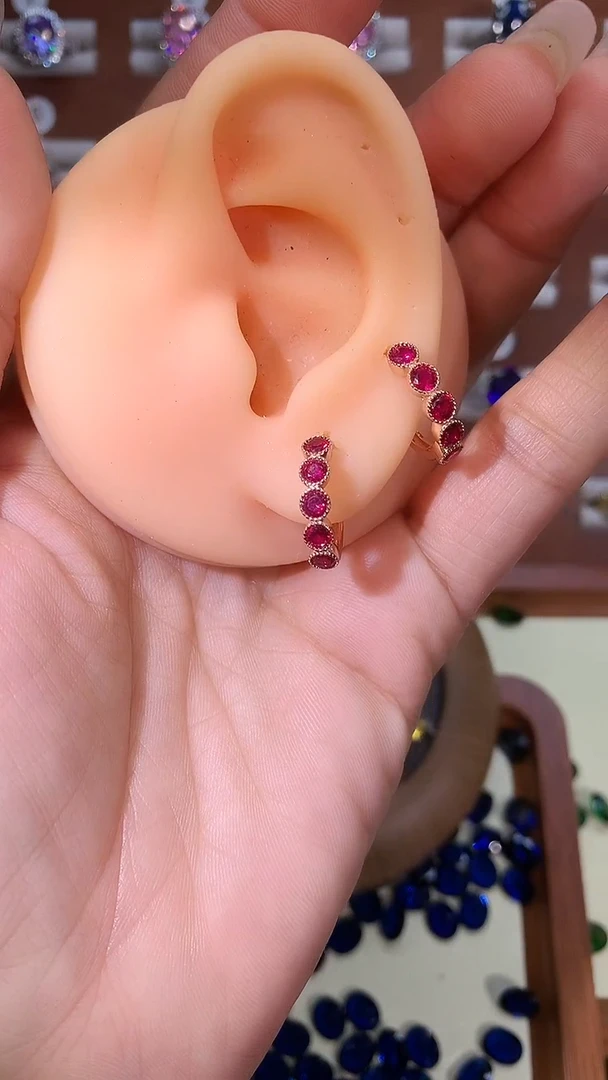 银S925镶嵌耳饰红宝石玫瑰金