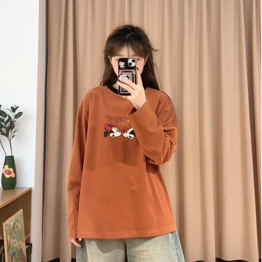 85897余小鱼【南瓜T】南瓜色领口撞色卡通印花圆领套头长袖女装休闲