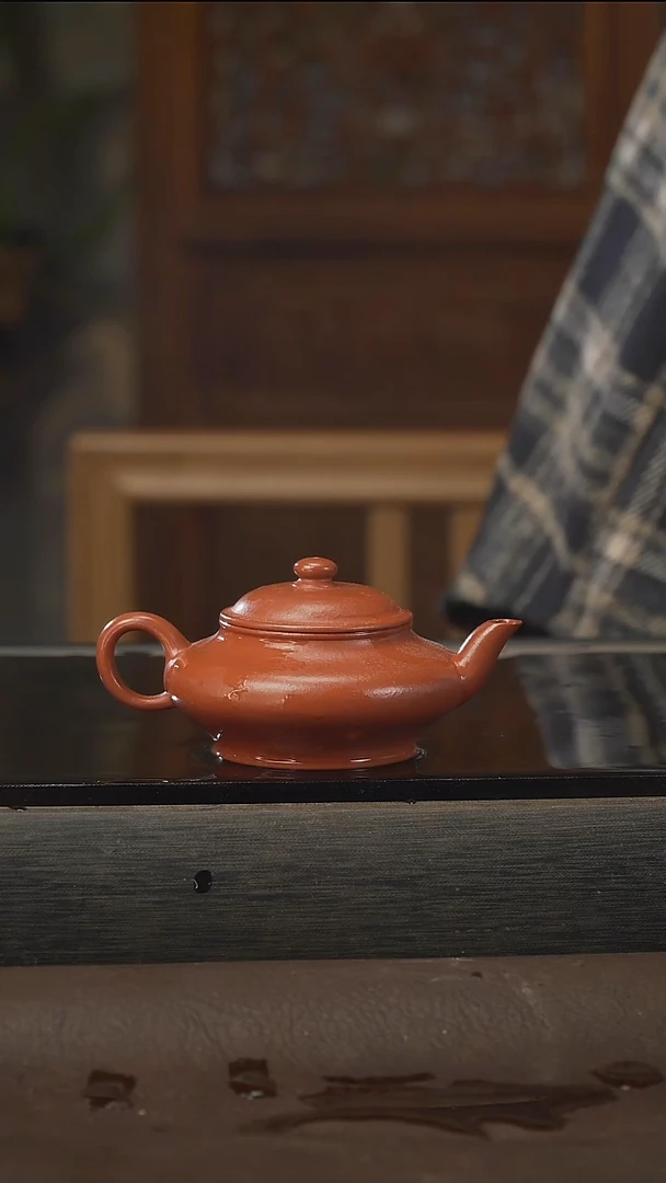 茶壶紫砂扁宫灯，朱泥，100cc