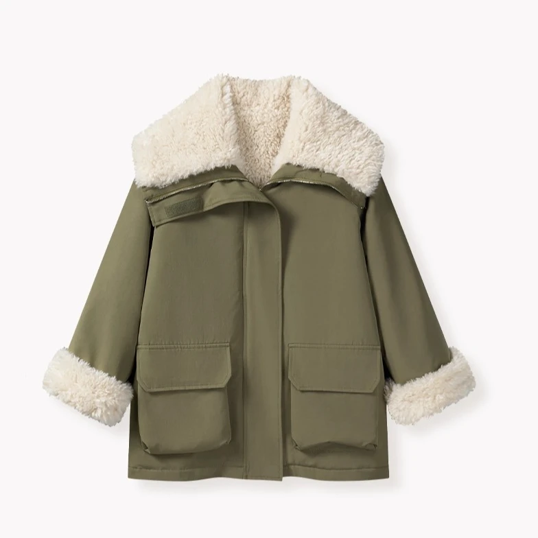 羊城故事-冬季翻领加厚宽松短外套女中长款工装大衣3089