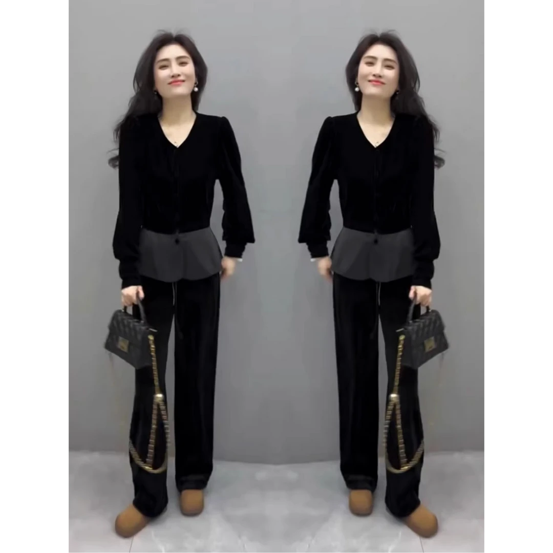 大码复古中式高级感金丝绒套装衬衫上衣胖mm春秋小众设计感两件套