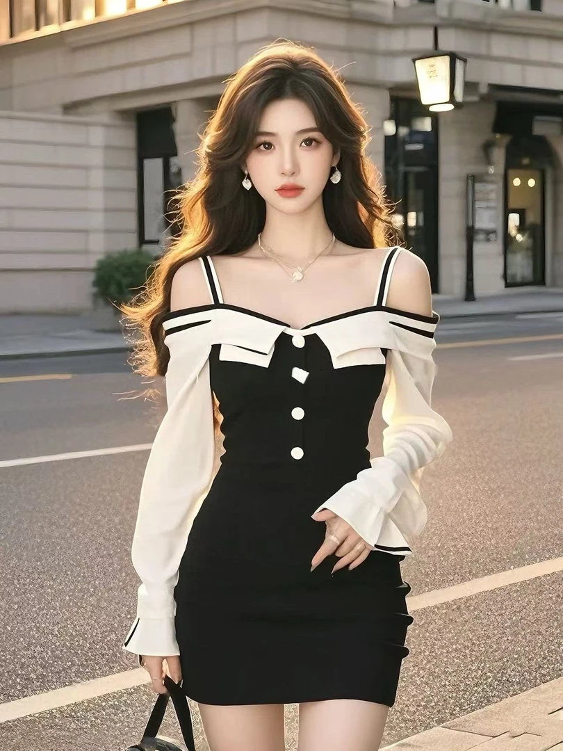 【KEKE】韩系撞色翻领吊带一字领连衣裙女秋冬甜美减龄显瘦包臀短裙