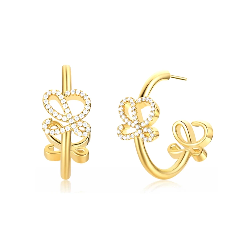 合金合成锆石耳饰 925银针 镀K金 蝴蝶结圆环耳饰 ZF-A979