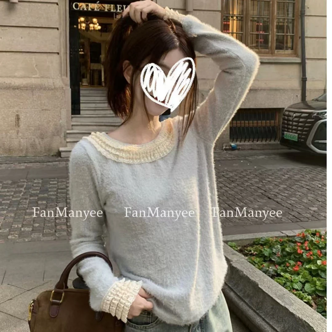 【温柔佳人】秋冬韩版气质圆领设计感蕾丝温柔拼接百搭套头毛衣