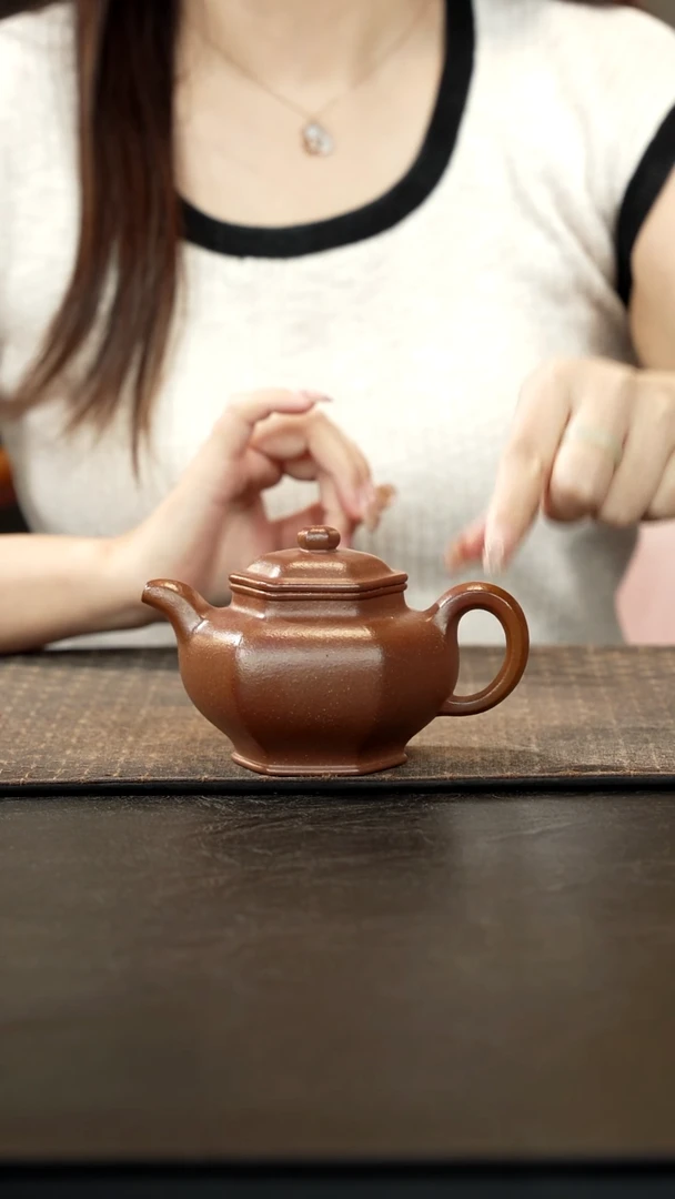 茶壶紫砂红降坡六方掇葵壶251cc