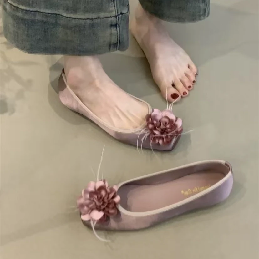 单鞋法式薄款方头春季平底鞋低跟白色鞋子气质温柔女鞋豆豆鞋