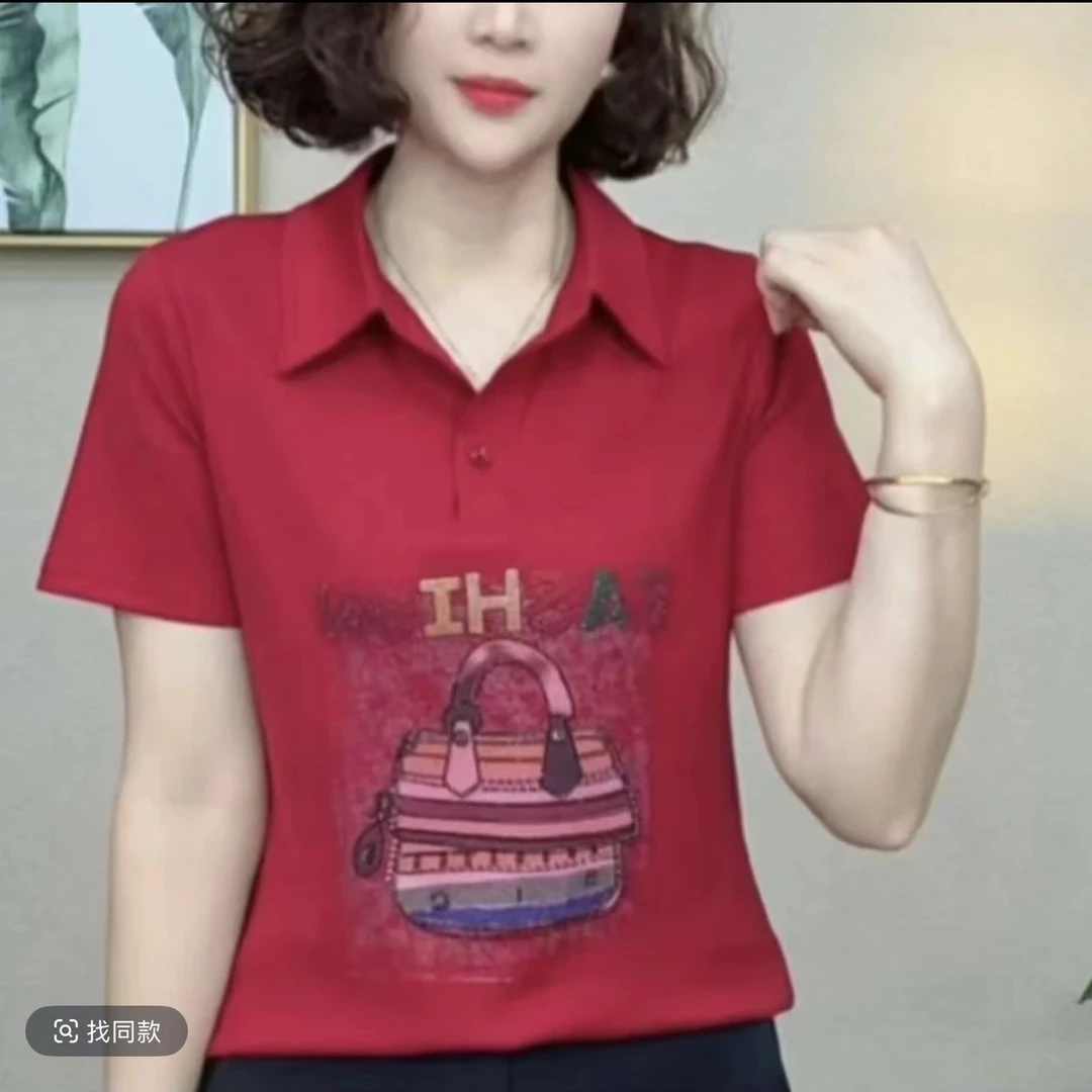 2025年女士宽松型T恤短袖少女风韩版印花洋气纯色极简风夏季翻领